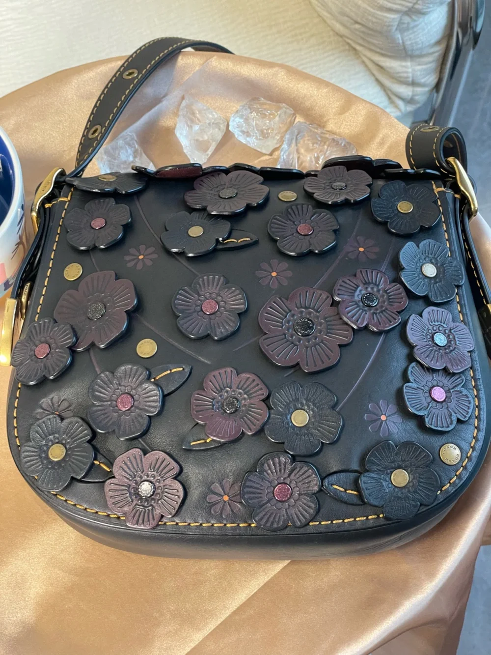 Coach 1941 Camellia Tea Rose Saddle Floral Appliqué Crossbody in Black & Plum